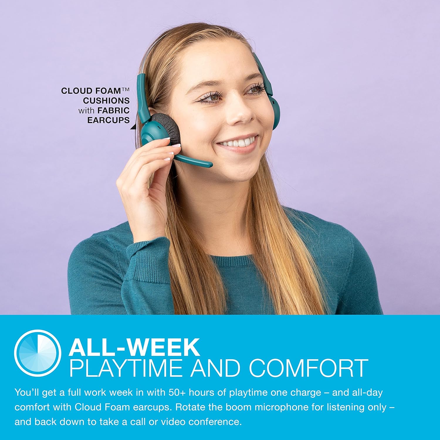 JLab Go Work Pop On-Ear Wireless Headset, Teal, 50+ Hours Playtime, Bluetooth Multipoint, Rotating Boom Mic, Noise Canceling MEMS Microphone, Light-Weight and Portable, for PC/Mac or Mobile (Teal) - Image 6