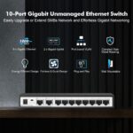 YuLinca 10 Port Gigabit Ethernet Switch, 8 x 100/1000Mbps Ports, 2 Gigabit Uplink, Support Vlan, Metal Fanless Unmanaged Plug and Play - Image 3