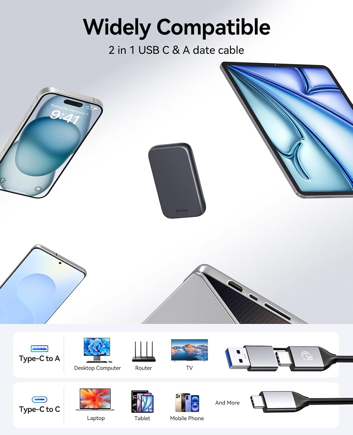 ORICO 512GB External SSD Up to 2000MB/s, Hanging Hole Design Portable Solid State Drive, USB C&A 2 in 1 Cable, Reliable Storage for Type-C Smartphone, Laptops - Z20 - Image 8