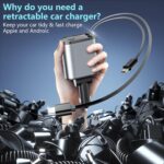 Kyraton 120w Retractable Type C/Type A 4 in 1 Car Charger Compatible with iPhone/Android Super Fast Charging Adapter with USB C Cable, Silver - Image 3