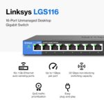 Linksys 16-Port Desktop Gigabit Ethernet Unmanaged Network Switch I Metal Enclosure, Black/Blue - Image 3