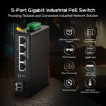 Binardat 5 Port Gigabit PoE Din Rail Industrial Ethernet Switch, 4 PoE IEEE802.3af/at, 1 SFP Port with 20km LC Module, with One 60W PoE Power Supply - Image 3