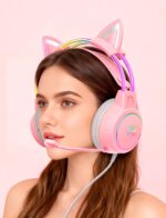 Lightweight Gaming Headset with Detachable Cat Ears, RGB Lighting, Wired Over Ear Headphones with Mic for PC, PS4, PS5, Switch, Stereo Surround Sound, Self-Adjusting Headband - Image 6