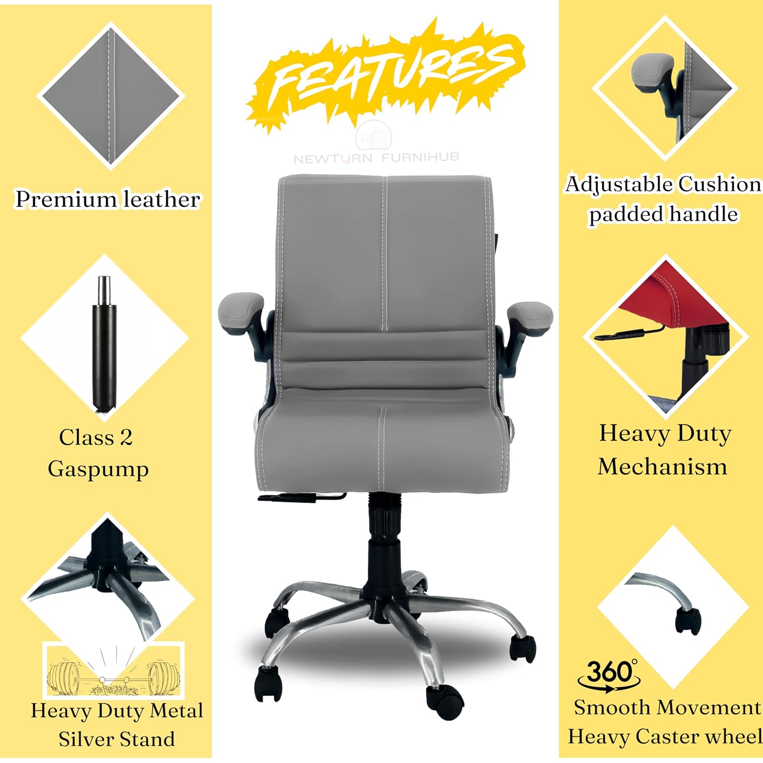 NEWTURN® Maxson Mid Back Adjustable Handle Cushion revolving Chair for Home/Office/Work/Computer/Corporates/WFH/Gaming with 2 Yrs Parts repl. wrty(pre_asmbld) (Executive, Grey) - Image 4