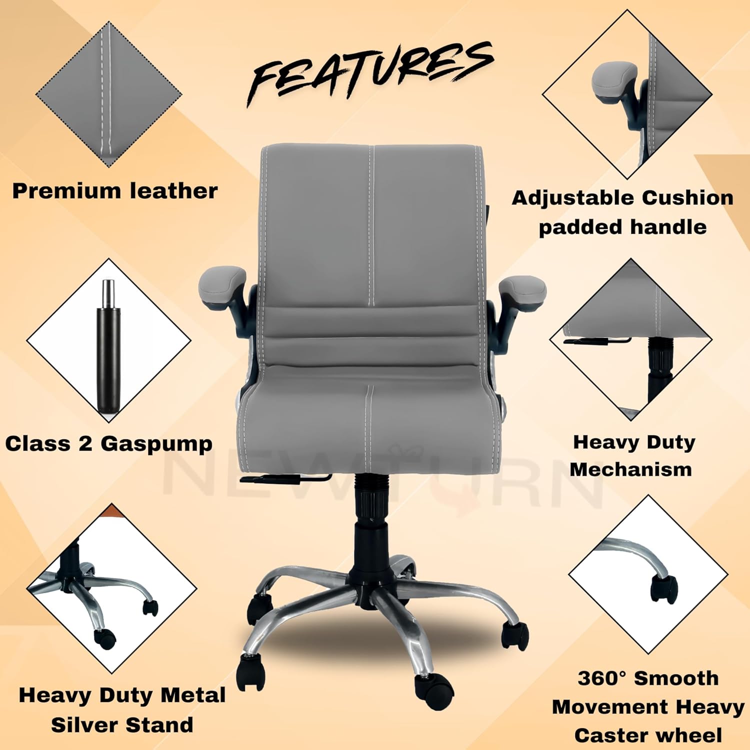 NEWTURN® Maxson Mid Back Adjustable Handle Cushion revolving Chair for Home/Office/Work/Computer/Corporates/WFH/Gaming with 2 Yrs Parts repl. wrty(pre_asmbld) (Executive, Grey) - Image 6