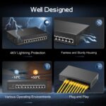 Binardat 10 Port Gigabit POE Switch, 8 POE+ Ports 1000Mbps, 2 Gigabit Uplink, IEEE802.3af/at, 120W Internal Power Supply, Metal Case Unmanaged Plug and Play - Image 6