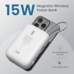 Portronics Power Shutter 20000mAh 15W Magnetic Wireless Fast Charging Powerbank with in-Built Type C & 8 Pin Cable, 22.5W Type C PD Output, Type C Bidirectional Port, LED Display (White) - Image 3