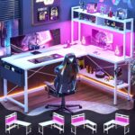 Aheaplus L Shaped Gaming Desk, 59" L Shaped Computer Desk with LED Light & Power Outlet, Reversible Home Office Desk Gamer Desks with Shelves & Storage Bag & Hooks, Corner PC Desk, White - Image 2