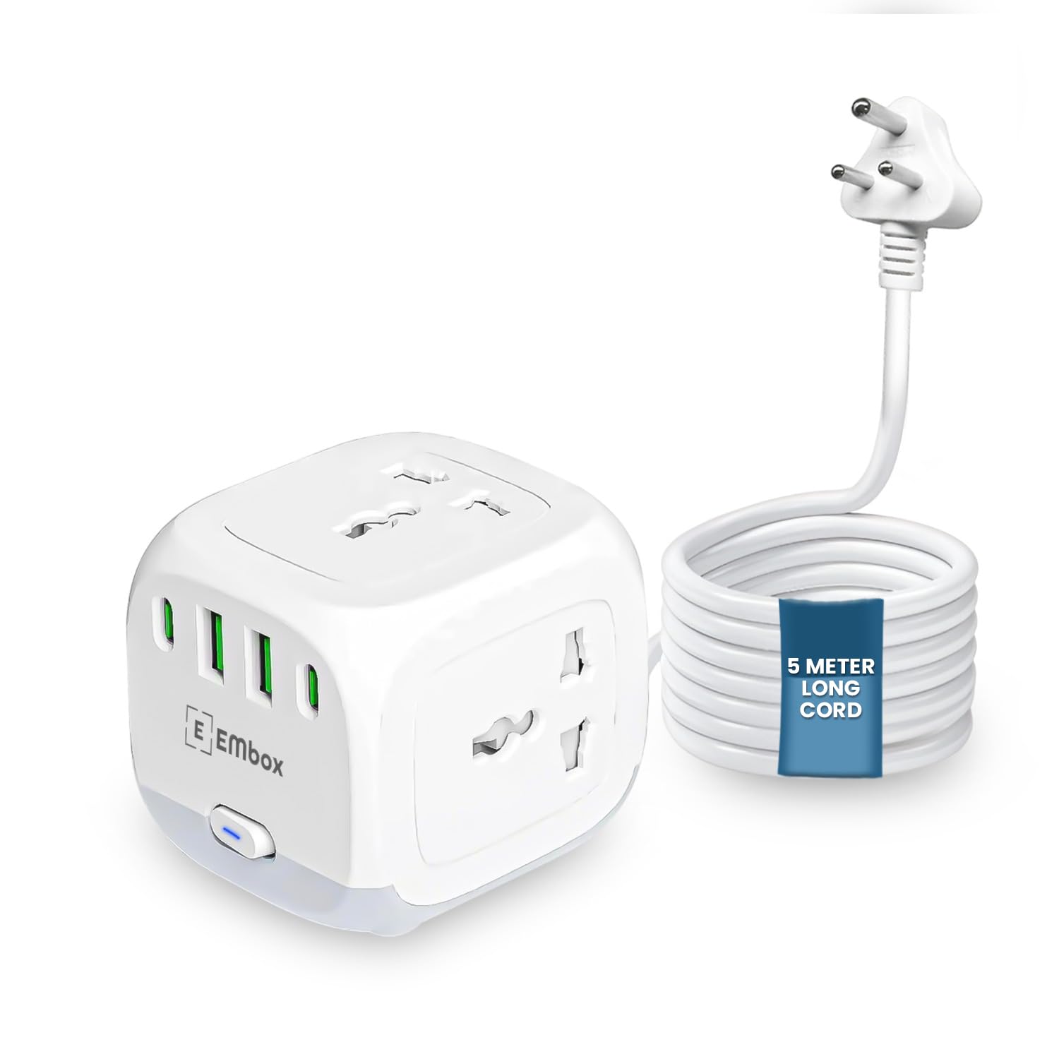 EMBOX Cube Extension Board with 5 Meter Cable | 20W Extension Board with USB Type C | 2500W Extension Cord with Universal Sockets Overload Protector and Safety Shutter - Image 2