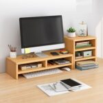 FEELING MALL 2 Tiers Wooden Desktop Monitor Stand Riser Printer Stand with Double Storage Small TV Riser Laptop Keyboard Holder Business Desk Organizer Shelf Black Bookshelf - Image 2