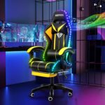 HOFFREE RGB Gaming Chair with Speakers Massage Computer Gaming Chair with LED Lights and Footrest High Back Video Game Chair for Adults Yellow and Black - Image 2