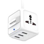 MOOSH USB Charger Multi Port Desktop Charging Station 24W Cube with Dual Universal Power Socket for US, EU, UK Plug Plus 3 USB Ports 4.8A Home Charger 1.5M Cable India Pin Smart Charger (White) - Image 2