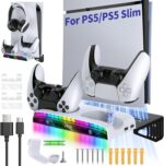 New World Wall Mount Kit for PS5 Slim/PS5 Fat Console-Dual Charging Station Compatible with PlayStation 5 Accessories (Disc & Digital)-15 RGB Light-3 USB HUB-Headset Holder - Image 2