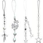 SNOWY SHOP 4pcs Aesthetic Silver Bow Phone Charm – Cute Pearl Beaded Mobile Chain Accessory | Stylish Kawaii Phone Strap for Girls, Women & Teens | Trendy Y2K Diwali Gift - Image 2